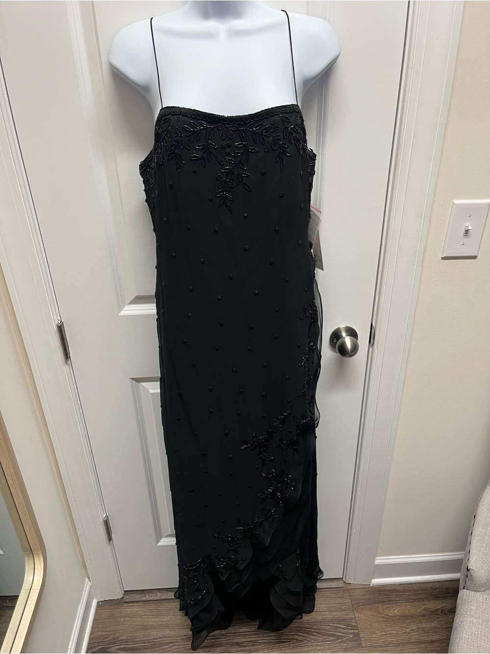 NWT SCALA Vintage Black 100% Silk Beaded Ruffle Hem Maxi Dress Evening Gown L